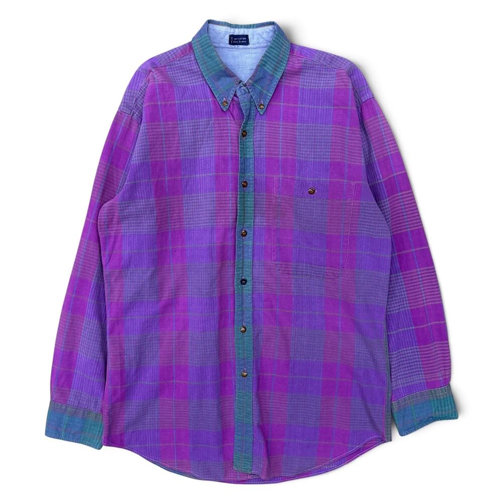 Vintage Chaps Ralph Lauren Plaid Shirt L Purple Teal Madras Button Down 90s Polo